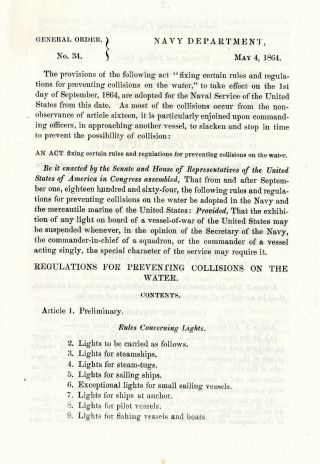 Civil War 1864 U.  S.  Navy Rules Regulations To Prevent Collisions Of Ships At Sea