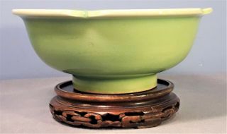 Antique Chinese Celadon Green Glazed Bowl On Wooden Base