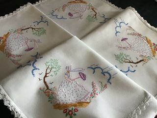LOVELY VINTAGE HAND EMBROIDERED TABLECLOTH CRINOLINE LADIES/LACE TRIM 2