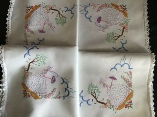 LOVELY VINTAGE HAND EMBROIDERED TABLECLOTH CRINOLINE LADIES/LACE TRIM 3