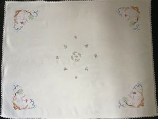 LOVELY VINTAGE HAND EMBROIDERED TABLECLOTH CRINOLINE LADIES/LACE TRIM 8