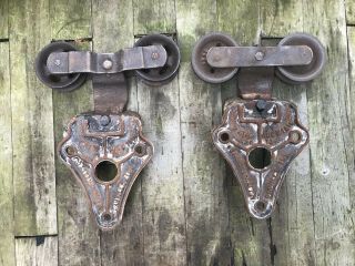 Vintage Pair Cast Iron Allith - Prouty Co Barn Door Track Rollers Restore