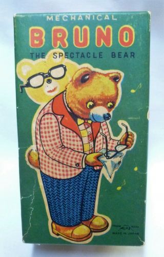 Alps Japan Bruno The Spectacle Bear Tin Mechanical Multi - Action Wind Up Exib