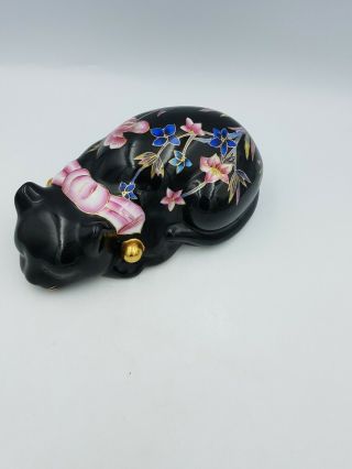 Chinese Oriental Porcelain Large Sleeping Cat Figurine Handpainted Black Floral