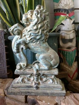 Large Antique Victorian Cast Iron Lion Vintage Blue & Gold Door Stop Porter