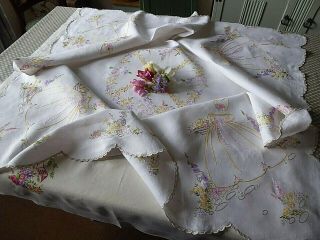 Vintage Hand Embroidered Tablecloth/ Exquisite Crinoline Ladies.