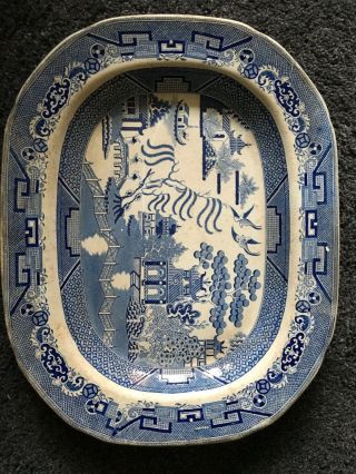 Antique Blue Willow Pattern Platter ‘opaque Warrented China’ 1800’s 17”