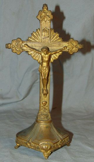Antique Brass Profession Crucifix Cross Skull & Bones Catholic Stand Icon