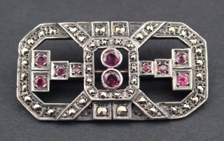 Art Deco Sterling Silver Marcasite & Faux Ruby Glass Stone Pin Brooch