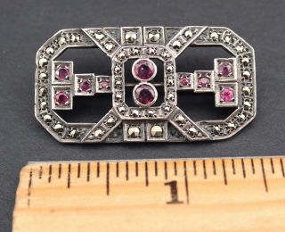 Art Deco Sterling Silver Marcasite & Faux Ruby Glass Stone Pin Brooch 2