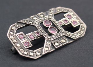 Art Deco Sterling Silver Marcasite & Faux Ruby Glass Stone Pin Brooch 3