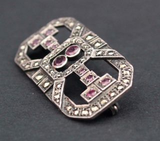Art Deco Sterling Silver Marcasite & Faux Ruby Glass Stone Pin Brooch 4