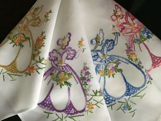 Pretty Vintage Hand Embroidered Tablecloth Crinoline Ladies