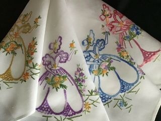 PRETTY VINTAGE HAND EMBROIDERED TABLECLOTH CRINOLINE LADIES 7