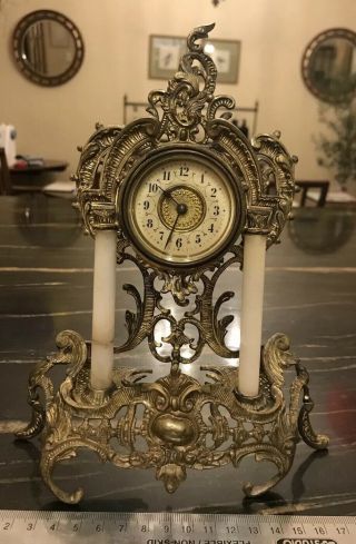 Antique French Rococo Style Mantle Clock Gilt Metal And Alabaster