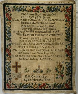 Mid/late 19th Century Verse & Motif Sampler By E.  H.  Ormandy Aged 14 - 1875