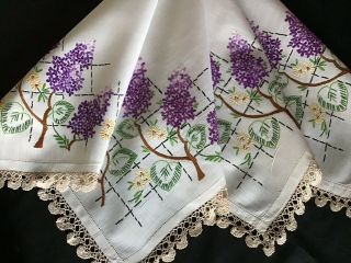 Pretty Vintage Hand Embroidered Tablecloth Lilac Blossoms/lace Trim