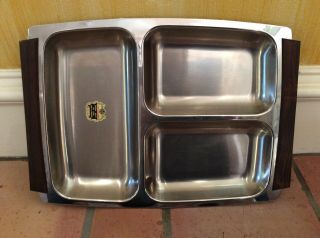 Vintage Stainless Mid Century Danish Modern Wood Handles Divided Dish Tray