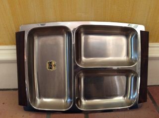 Vintage Stainless Mid Century Danish Modern Wood Handles Divided Dish Tray 4