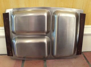 Vintage Stainless Mid Century Danish Modern Wood Handles Divided Dish Tray 5