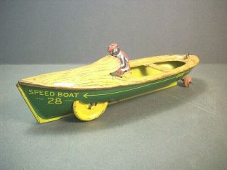 Vintage Strauss Litho Tin Windup Toy Speed Boat 28 The Ferdinand 9.  5 "