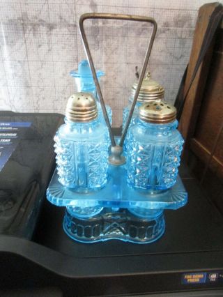 Aqua Blue Condiment Set Adams Eapg Glass Castor Cruet Condiment Shaker Set
