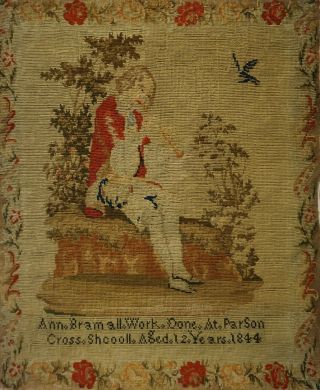 Mid 19th Century " Boy Playing A Pipe For A Bird " Sampler By Ann Bramall - 1844