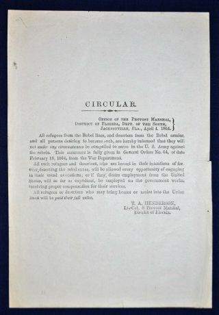 Circular Dated 1864 Regarding Refugees & Deserters Of Rebel Armies