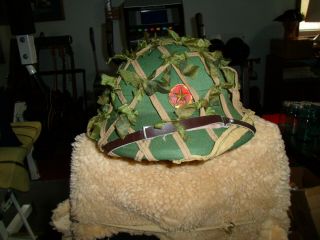 Nva/viet Cong Pith Helmet With Camo Netting And Insignia On The Front