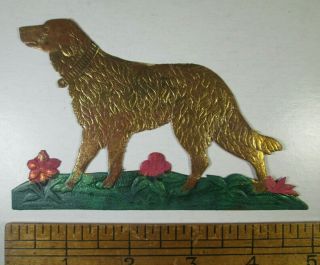 Victorian Dresden Embossed Paper Christmas Ornament - Dog In Gold W/ Green & Red