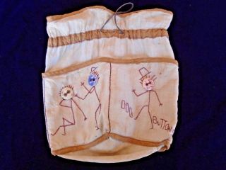 Rare Antique Button Bag For Odd Buttons Hand Embroidery People Cat Pockets Cinch