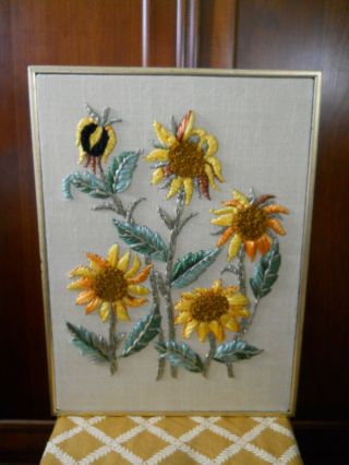Vintage Mid Century Modern Raffia Needlepoint Sunflowers Framed