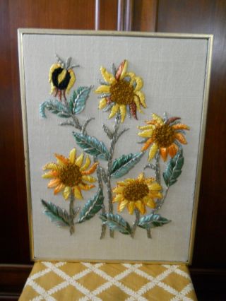 Vintage Mid Century Modern Raffia Needlepoint Sunflowers Framed 3