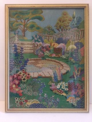 Vintage 1930’s/1940’s Hand Embroidery Of A Cottage Garden.
