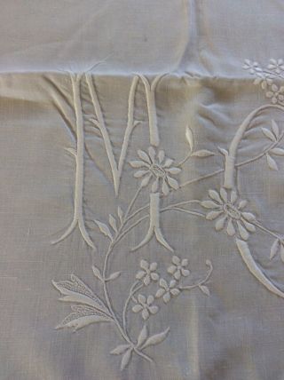 LARGE FINE LINEN EMBROIDERED FRENCH MARRIAGE SHEET MONOGRAMMED MC 2