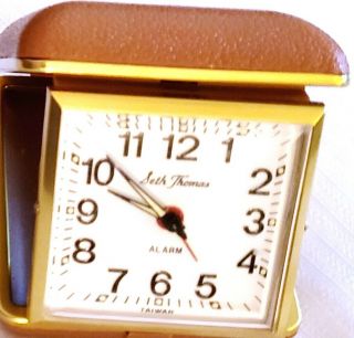 Seth Thomas Travel Alarm Clock Mechanical Wind In Brown Clamshell Folding Case