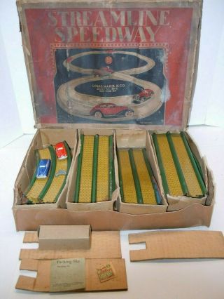 1950 Marx Streamline Speedway Race Set 2 Tinplate Litho Car With Key,  Track,  & Box