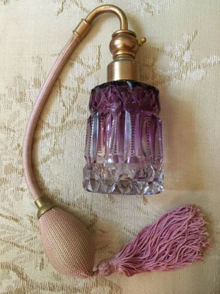 19th Century Antique Amethyst Cut Crystal Perfume Atomizer Bottle Gold Wash Exc.
