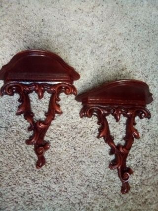 2 Antique Wooden Wood Wall Shelf Sconce Plate Slot Dark Stained Carved Vintage