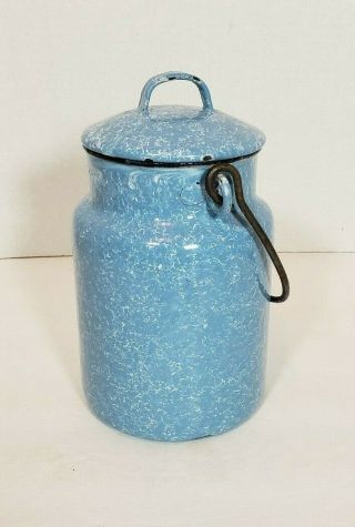 Small Graniteware Berry Pail & Lid Enamelware Antique Vintage Blue