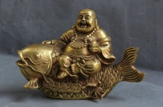 China Brass Yuan Bao Wealth Happy Laugh Maitreya Buddha Ride Fish Statue