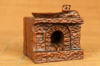 Asian Old Boxwood Hand Carving Cat Statue Collect Back In Sweet Buddha Gift