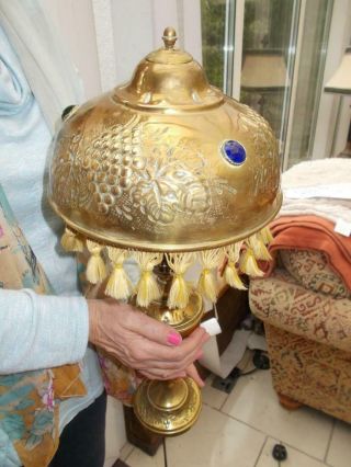 Antique Pretty Art Nouveau Brass Table Lamp Grapes Vine Coloured Glass Cabochon