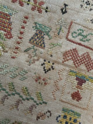 LOVELY Vintage Antique 1800 ' s Floral Finished Completed Cross Stitch SAMPLER 3