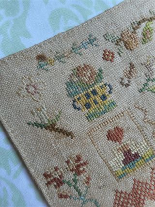 LOVELY Vintage Antique 1800 ' s Floral Finished Completed Cross Stitch SAMPLER 4