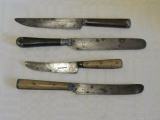 4 Antique Civil War Era Cutlery Knives 2 Bone 2 Wood Handled