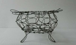 Antique Primitive Early 1900 ' s Old Wire Collapsible Footed EGG BASKET 3