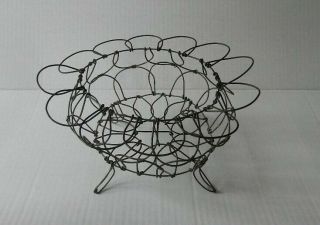 Antique Primitive Early 1900 ' s Old Wire Collapsible Footed EGG BASKET 4