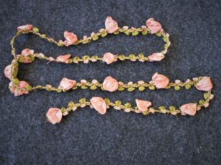 Vintage French Pink Silk Ribbonwork Roses Trim.  35 ".  Antique Dolls