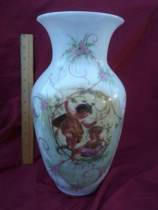 Antique 12 " White Opaline Vase Hand Painted Cherubs Children Victorian Florals7